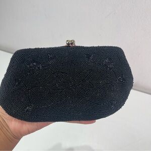 Vtg Beaded Blk Evening Bag Clutch Purse Kiss Lock Hand Made Gypsy Goth Whimsical